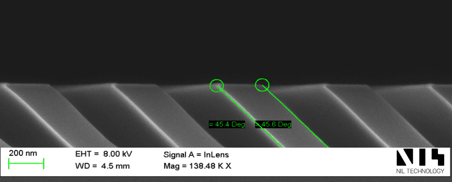 High-precision slanted gratings with distinct tilt angles, fabricated by NIL Technology, for efficient light redirection in waveguide-based AR displays.