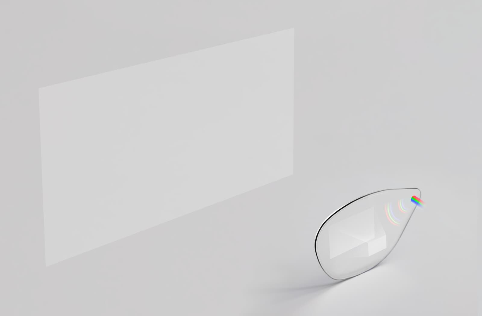 Light from a microdisplay enters through an in-coupling grating, travels via total internal reflection, and exits through an out-coupling grating toward the eye, forming a virtual image in the distance. (Image by Dispelix)